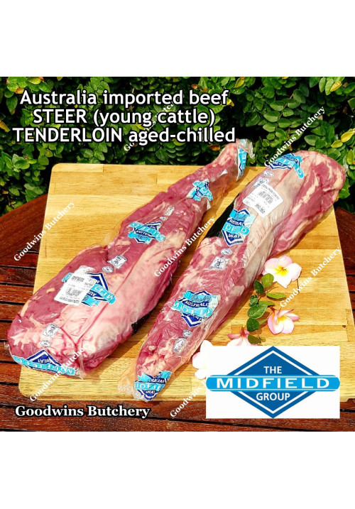Beef Tenderloin Australia AGED-CHILLED STEER young-cattle whole cut brand MIDFIELD +/- 2.5 kg/pc price/kg (eye fillet mignon daging sapi has dalam) PREORDER 2-3 days notice